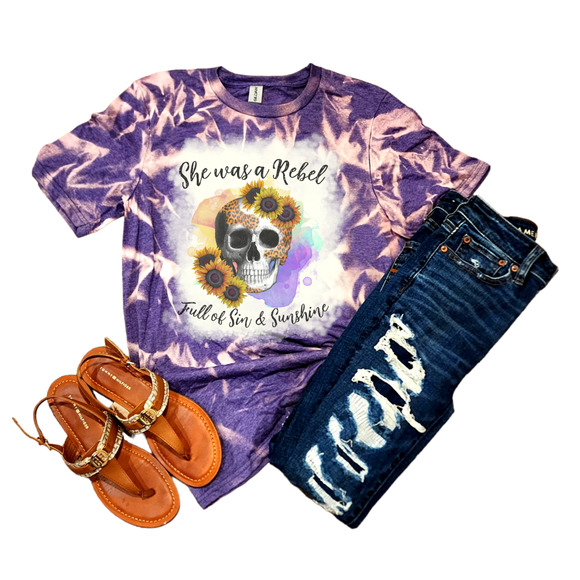 She Was A Rebel Skull Leopard Floral Purple Bleached Tee Handmade Graphic Shirt - Picture 2 of 6